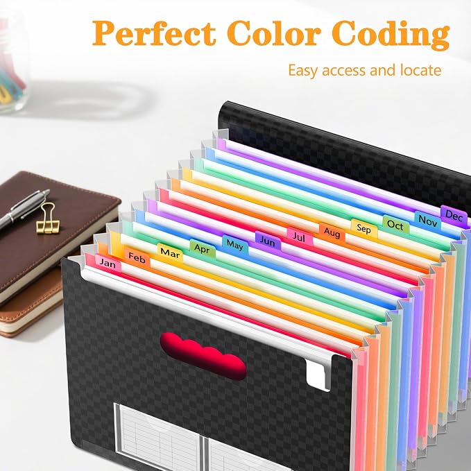4 Pack Waterproof Accordion File Organizer, 13 Pockets Expanding File Folder with Colored Blank Tabs, Suitable for Students and Office Workers to Manage and Store Documents（Black）