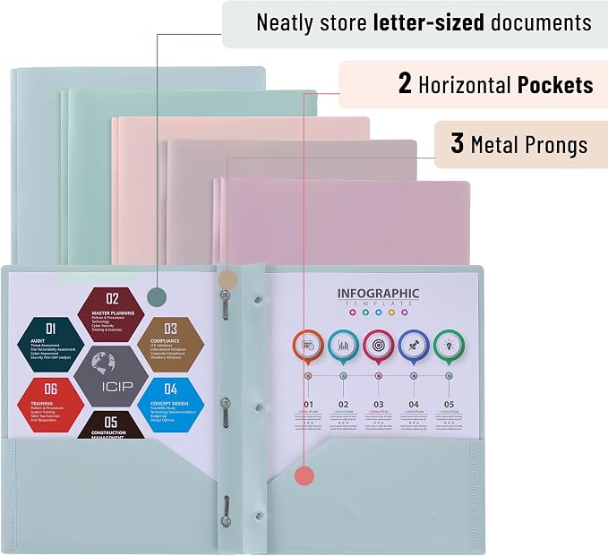 Mr. Pen- Plastic Folders with Pockets and Prong, 5 Pack, Muted Pastel Colors, Pocket Folders with Prongs and Fasteners, 2 Pocket