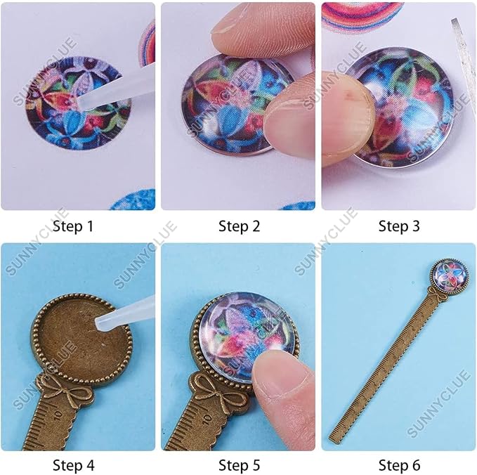 SUNNYCLUE 1 Box 16Pcs DIY 8 Sets Bookmarks Vintage Style Bookmark Making Kit Ruler Metal Book Mark Trays Glass Clear Dome Cabochon Oval Round Blank Flower Pattern Tray for DIY Craft Handmade Gift