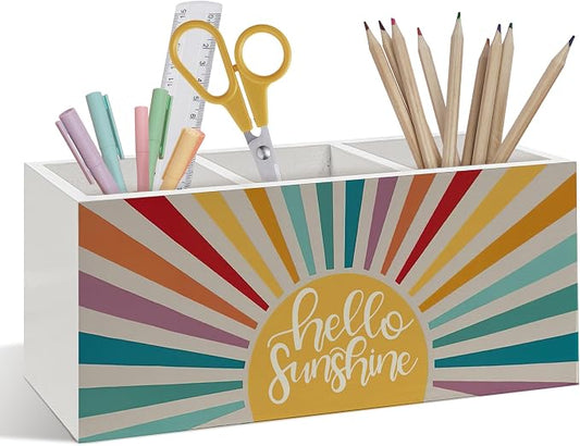 Boho Hello Sunshine Pen Pencil Holder, Sunshine Gifts for Women, Boho Desk Accessories, Colorful Sun Sunrise Wooden Pen Pencil Organizer for Kids Room Classroom Home Office Desk Decor