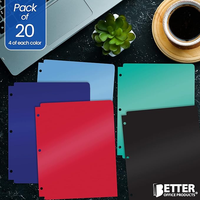 Better Office Products 3 Hole Punch Pocket Folders, 20 Pack Bulk Folders, Sturdy Plastic 2 Pocket Folders, Assorted Primary Colors, Letter Size, with Business Card Slot, 20 Count