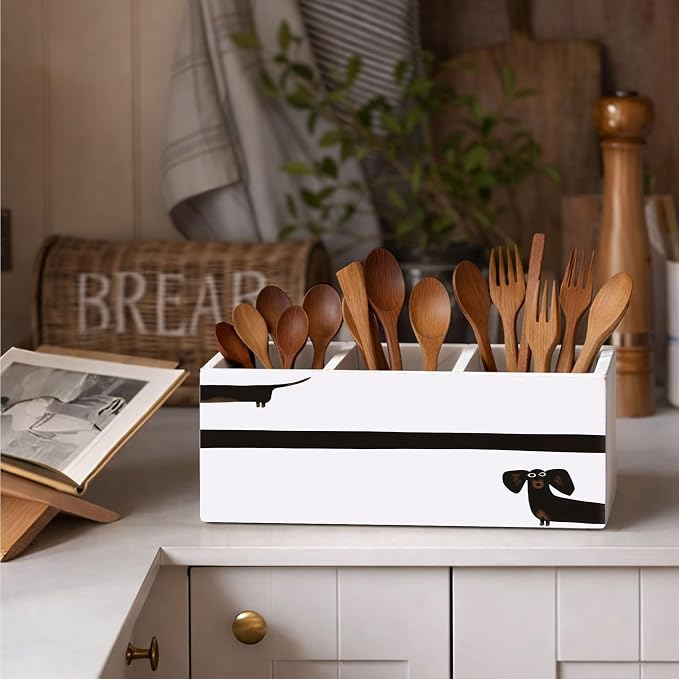 Dachshund Wooden Desk Organizer, Cute Sausage Dog Design Pen Pencil Holder with 3 Compartments, Decorative Office Supply Storage Box for Desk, Home, Office, Gift for Dog Lovers