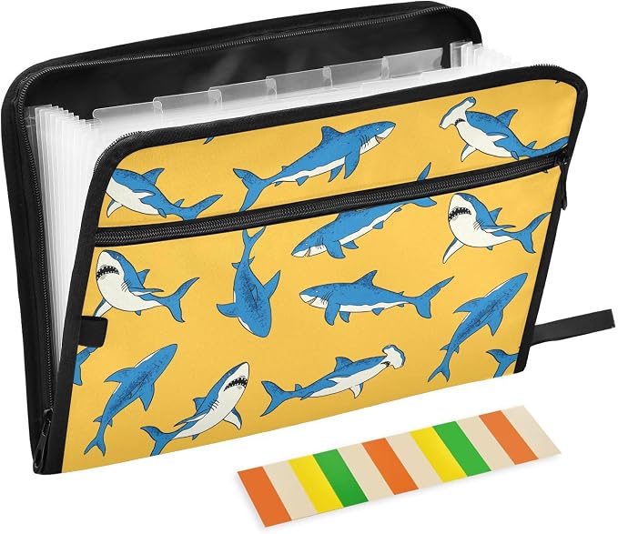 Hand-Drawn Sharks File Folders, Plastic Folders with 13 Pockets, Expandable File Folder for Documents School Students Office, Aesthetic Folder with Labels A4 Letter Size