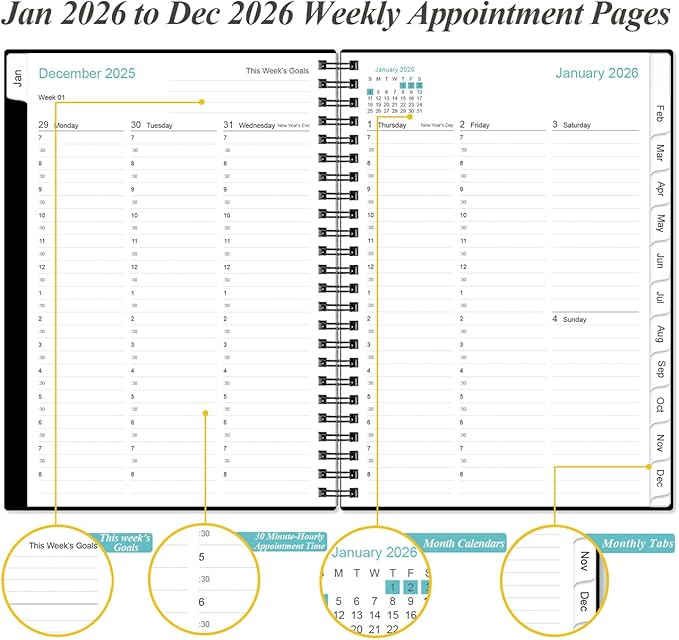 2026 Appointment Book & Planner - 2026 Daily Hourly Planner from January 2026 - December 2026, Weekly Appointment Book with 30-Minute Interval, Medium 6.4" x 8.5", Black-D