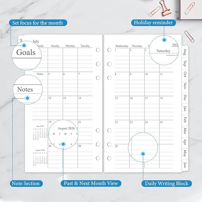 2026-2027 Monthly Planner Refill, A6 Small Size Planner Inserts for 6 Ring, 3.8"x6.8", Jul. 2026 - Dec. 2027, 18 Monthly Calendars with Laminated Tabs, 6-Hole Punched