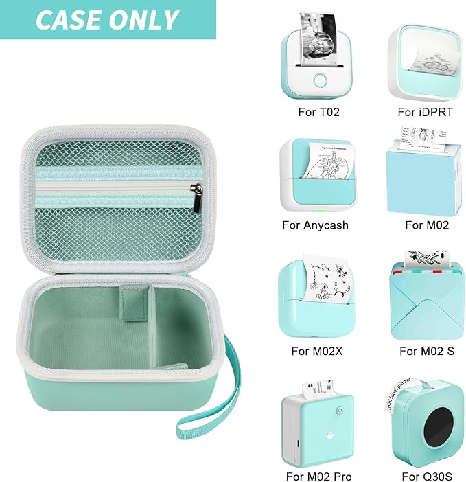 Case for Memoking T02/ for ETIKEZ/for Phomemo M02/ T02/ M02S/ M02 pro/ M02X Inkless Sticker Photo Printer. Portable Printer Storage Holder for Label Maker, Thermal Paper, USB Cable (Box Only)-Green