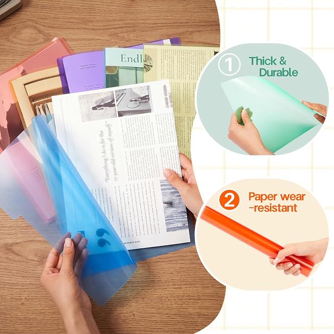 Dispowreath 48 Pack Colored Clear Plastic File Folders with 1/3 Cut Tabs, 8.5 x 11 in Letter Size Poly Project Pockets, Translucent Document Jackets for Office, School & Home Organization