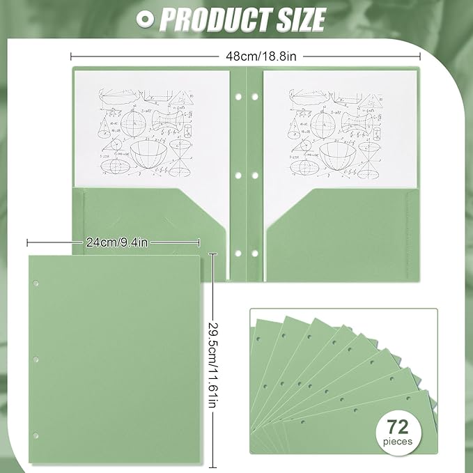 Yeaqee 72 Pcs Plastic Folders with Pockets Bulk 3 Hole Punched 2 Pocket File Folders for 3 Ring Binder Divider Folder for Notebooks, Durable Poly for Office Home (Sage Green)