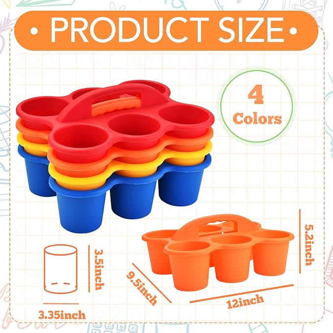 4 Pack Classroom Caddy Storage Basket with Handle, Plastic Drink Cup Caddy Holder, 6 Compartments for Kids, Table, Office, Arts, Crafts, Crayon, Marker, Pencil, School Supplies - Assorted Colors