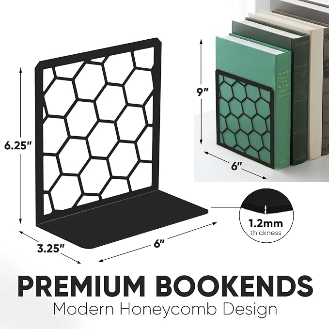 Black Geometric Honeycomb Metal Bookends - Book Ends for Shelves - Decorative Modern Heavy Duty Bookend Stopper - Book Ends for Heavy Books - Home Office Book Holder - 1 Pair, 6x3.25x6.25 in