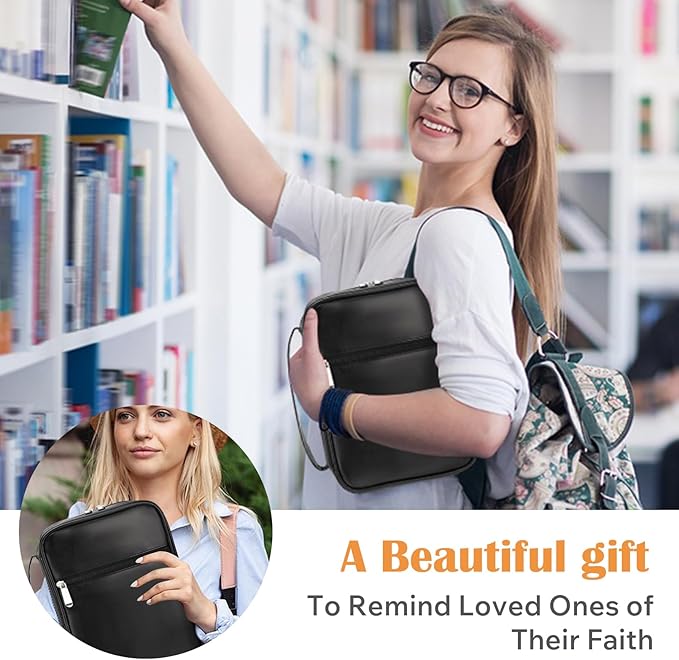 Small Bible Cover Case for Women and Men, 9x6 PU Leather Bible Sleeve, Compact Travel Bible Carrier Bag with Front Pen Holders, Zipper Closure, Inner Pockets - Black