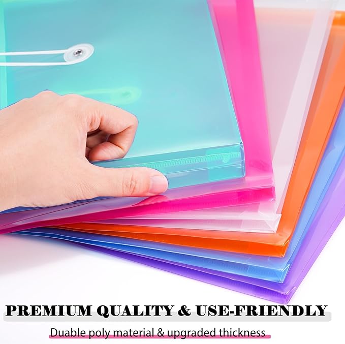 A4 Letter Size Plastic Poly Envelopes with Button and String Tie Closure, 1-1/4" Expansion Clear File Folders Side Loading Documents Organizer for Home School and Office Supplies (7)