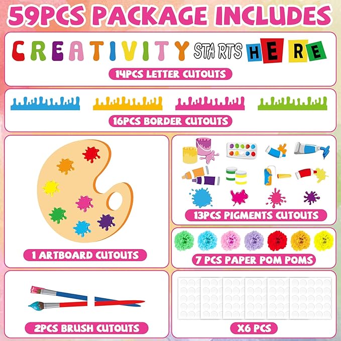 Art Paint Classroom Bulletin Board Decorations Artist Painting Cutouts with Paper Pom Poms Creativity Starts Here Cutouts for Student Teacher Wall Chalkboard Decor Back to School Supplies