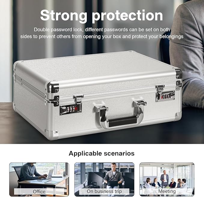 File Organizer Storage Box - 14.2 x 9.4 x 4.5 Inch Medium, Portable Locking Storage Totes with Dual Combination Locks for Passports, Medications and Small Personal Items- Silver