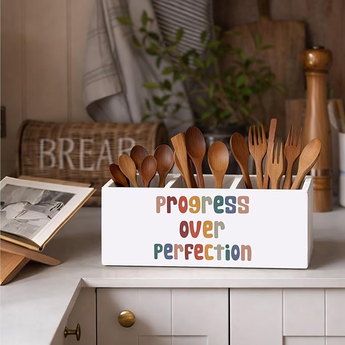 Progress Over Perfection Pen Holder, Motivational Desk Organizer, 3 Compartments Wooden Pencil Caddy for Office, Home, Classroom