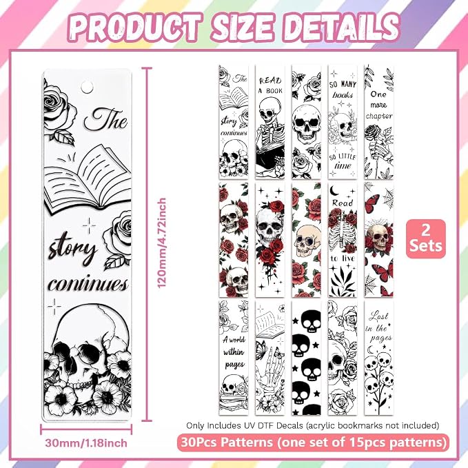 Peacoblue 30pcs UV DTF Bookmarks Transfer Stickers Wraps Skull and Flower for Women Men Reading, Waterproof Bookmarkers Decal(No Blank Bookmarks) for Acrylic Plastic Metal Blank Bookmark