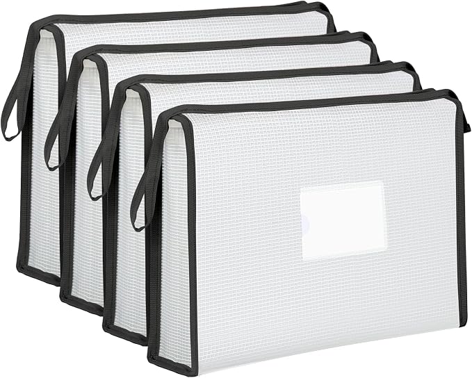 4 Pack A4 Plastic File Folder Poly Envelopes Expanding Document Folders with Zipper and Label Pocket, Files Pouch Wallet for Home, Office, School (Black)