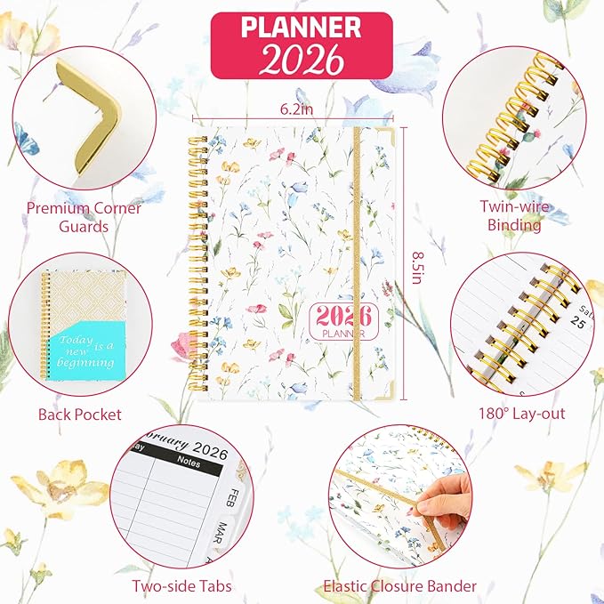 2026 Planner, Daily Weekly Monthly Planner with Tabs, 2026 monthly planner with Color Pen, Sticky Notes and Stickers, 6.2" x 8.5", Durable Twin Wire Binding, Storage Pocket - Floral Multicolor