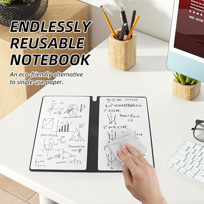 Reusable A5 Dry Erase Notebook Include a Wipeable Pen and Rag,9.4x6.5 Inch Erasable Notebook Whiteboard Notebook,Wipeable Notebook PU Hardcover for Office and Taking Notes(Light Cyan)