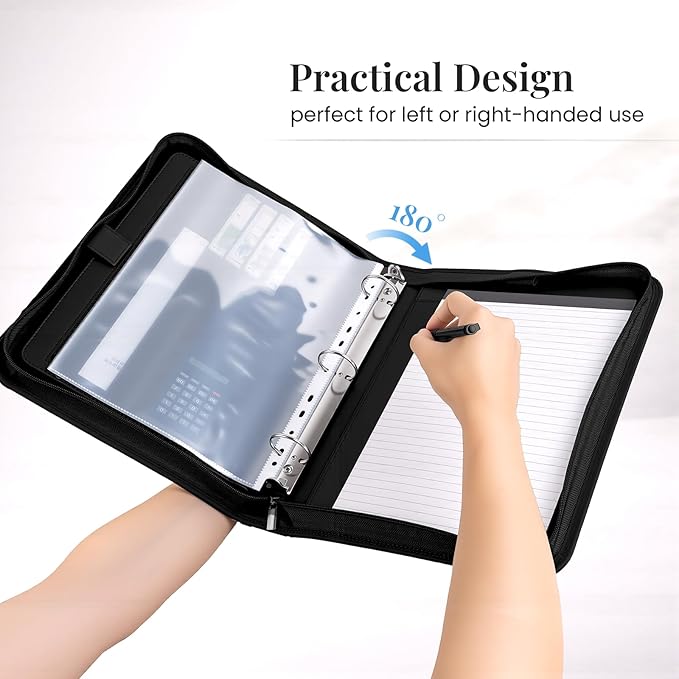 3-Ring Padfolio Portfolio Organizer Binder,Faux Leather Interview Resume Folder,Letter Size A4 Legal Writing Pad Holder for Business School Office Conference Notepad Clip Boards (Black)