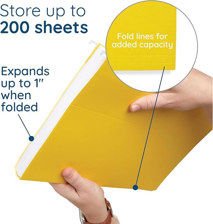 25 Blue Summit Supplies Yellow Legal Size Hanging File Folders - Durable 11pt Paper, Hanging Legal File Folders Yellow with Plastic Tabs and Inserts, Legal Size