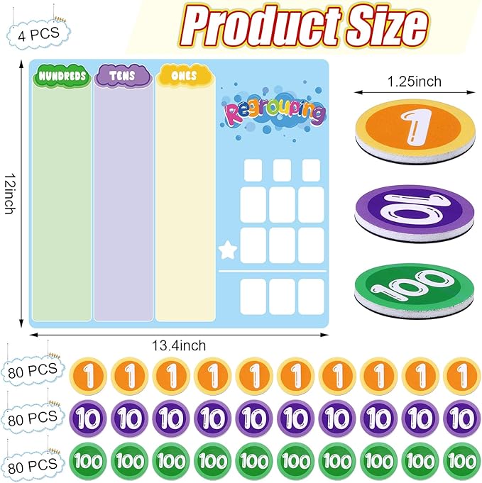 240 Pcs Magnetic Place Value Chart Kit, Math Place Value Manipulatives Regrouping Base Ten Blocks Dry Erase Board for 1st 2nd 3rd Grade Student Classroom Must Haves