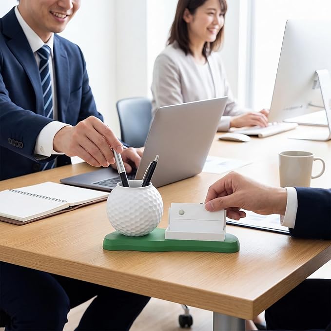 Tenceur Golf Ball Pen and Business Card Holder for Desk Organizer Funny Golf Gifts for Men Dad Father Husband Golfers Gift Mini Resin Desktop Ball Pen and Card Holder for Golfer Lover Gift Supplies