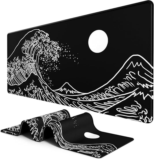 BOSOBO Large Desk Pad, XXL Extended Gaming Mouse Pad & Keyboard Mat, Desktop Full Cover 31.5 x 11.8 Inches, Art Japan Kanagawa Wave Black