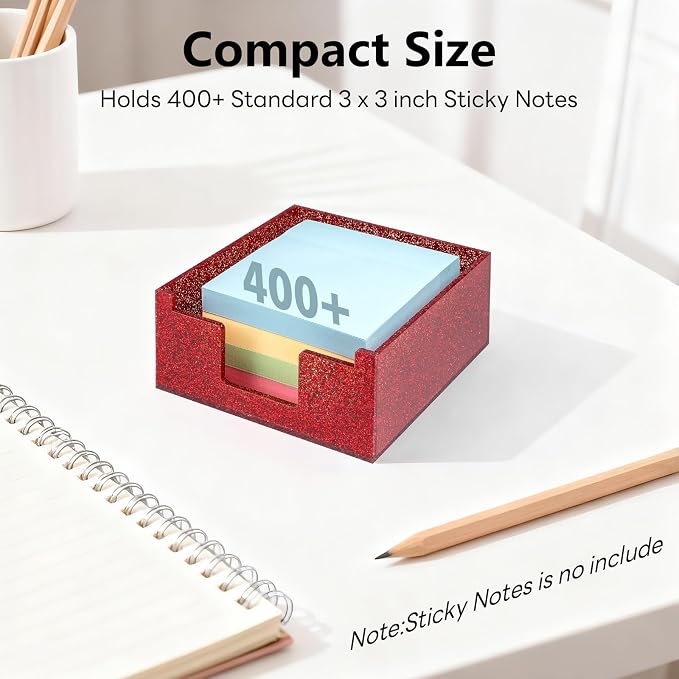 Red Sparkling Sticky Note Holder, Glitter Acrylic Organizer, 3.94 x 3.94 in Multi-Use Tray for Office, School & Home Desk