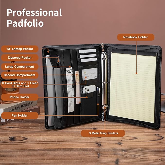 Leather Portfolio with 3 Ring Binder, Vegan Leather Padfolio Zippered, A4 Notebook Holder Laptop Sleeve Professional Business Organizer Gift for Men and Women, Black