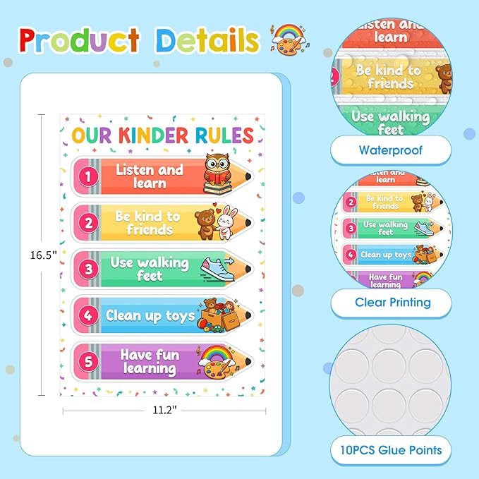 D4DREAM Classroom Rules Poster - 11.2'' Colorful Classroom Expectations Wall Art Teacher Must Haves for Classrooms Preschool Kindergarten Homeschool daycare Back to School Teacher Supplies