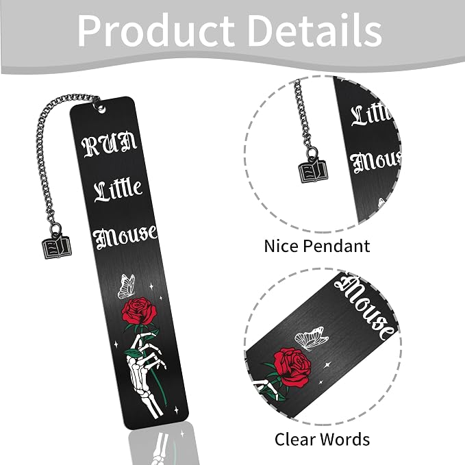 Dark Romance Gothic Metal Bookmarks: Skeleton Rose Book Mark with “Run Little Mouse”, Dark Romance Merch for Reading Women, Bookish Gifts for Woman Girls Book Lovers School Office Supplies