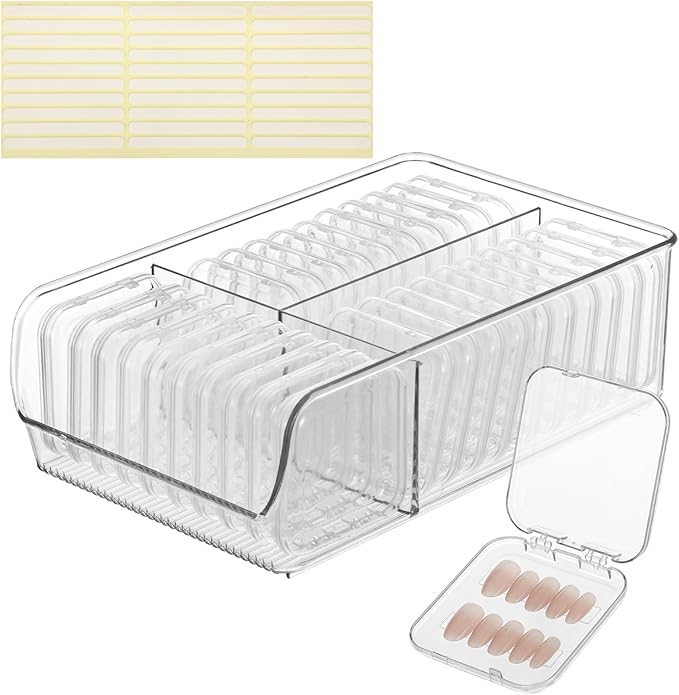 30 Pcs Press On Nail Storage Box, Acrylic Display Case, Packaging Box for Nail Art, Large Stackable, All-In-One Box, 120 Pcs Double Sided Adhesive Nail Display Tape