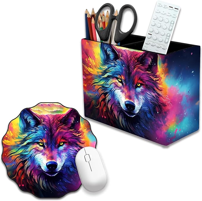 Pen Holder and Anti-Slip Mouse Pad Combination, Makeup Brush Storage Box, Tableware Storage Box, Suitable for Office and Home - Colorful Space Wolf