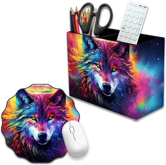 Pen Holder and Anti-Slip Mouse Pad Combination, Makeup Brush Storage Box, Tableware Storage Box, Suitable for Office and Home - Colorful Space Wolf