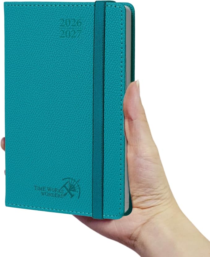POPRUN 2026-2027 Pocket Weekly Planner Calendar, Size 4'' x 6.25'', Academic Planner (Jul 2026 - Jun 2027) Horizontal Layout with Lined Sections, Leather Hardcover, 100GSM Paper - Pacific Green