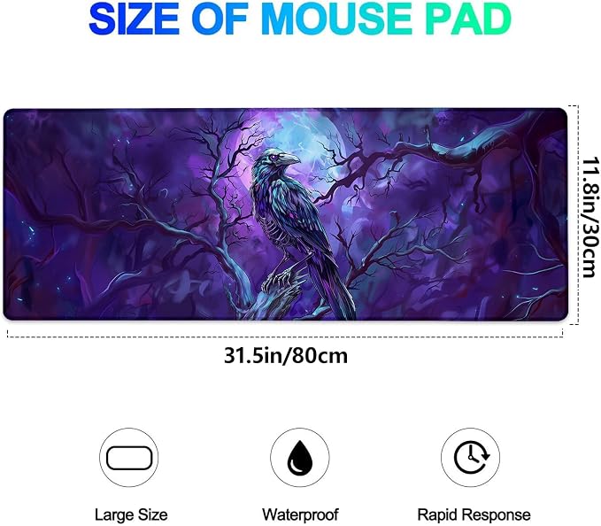 Mystical Crow Gaming Mouse Pad, Extended Raven and Enchanted Forest Desk Mat Computer Laptop Mousepad, Robust Stitched Edges, 31.5"×11.8" Large Office Keyboard Mouse Pads for Desktop Decor