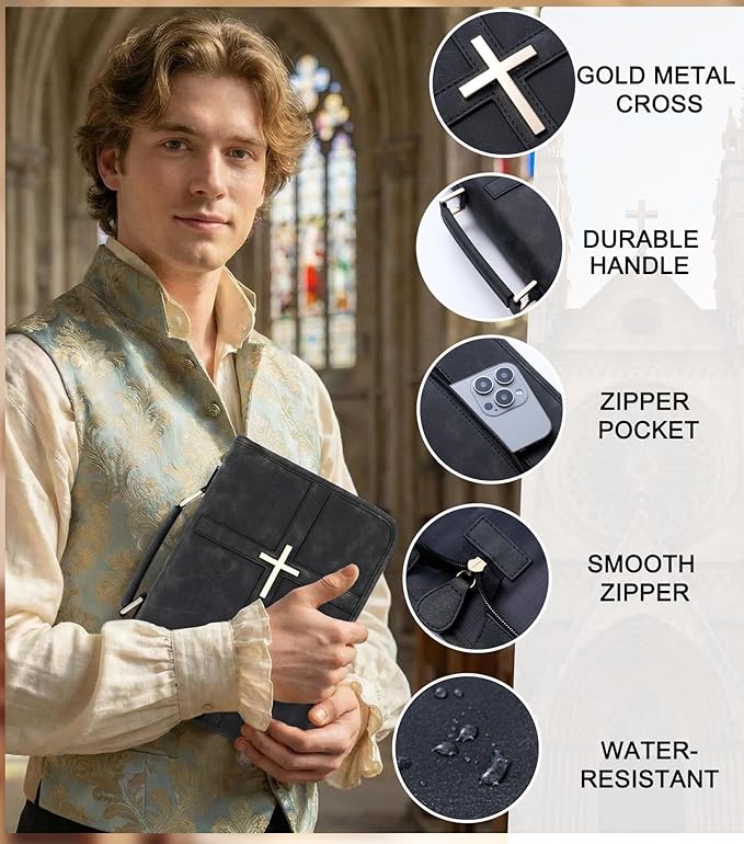 Vegan Leather Bible Cover for Men & Women, Bible Case with Gift Box, Christian Catholic Religious Bible Gifts (Black)