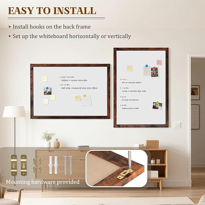 Large White Board for Wall, 46.5''x34.7'' Magnetic Dry Erase Board, 4'x3' Decorative Whiteboard with Brown Vintage Wooden Frame, Hanging Writing Board for Home Office School Dorm
