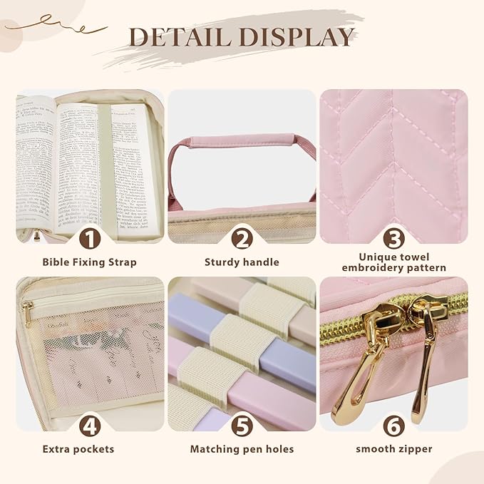 Bible Cover Case for Women, Large Qilted Bible Case with Shoulder Strap,Study Supplies and Highlighters Accessories - Perfect Christian Gift for Church, Travel (Pink,one Size)