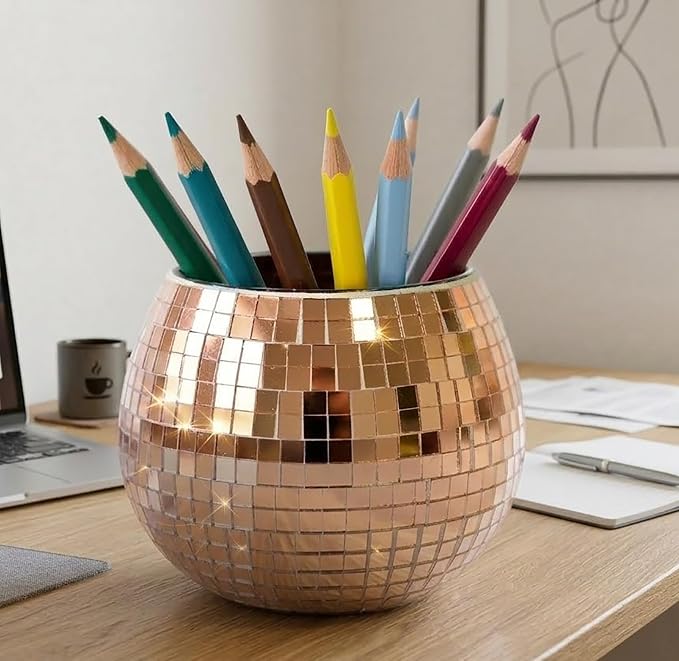 Disco Ball Pencil Holder for Desk - Cute Office Decor & Makeup Brush Organizer, 4.7 Inch Sparkly Glass Pen Cup, Fun Desk Accessories for Women (ROSE GOLD)