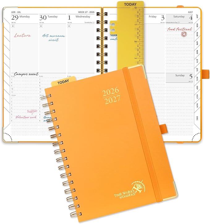 POPRUN 2026-2027 Academic Year Weekly and Monthly Planner Calendar,Jul 2026 - Jun 2027，6.25" x 8.5",Daily Agenda Book & Appointment Book with Hourly Schedule, Tabs, Hardcover, School and Office Supplies - Orange