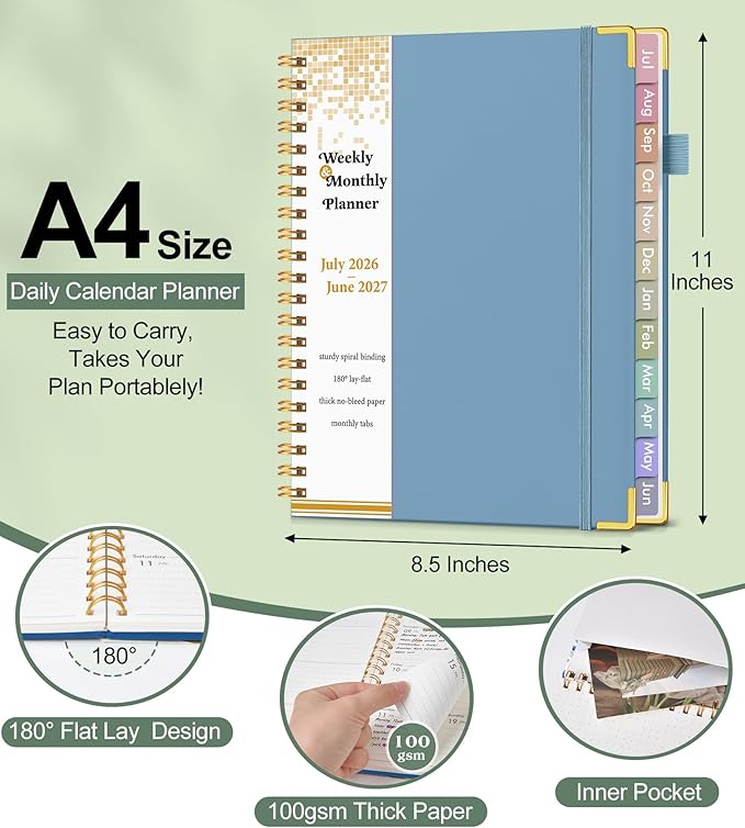Academic Planner 2026-2027, Hardcover Weekly and Monthly Calendar Planner from July 2026 - June 2027, Daily Agenda Planners with Tabs, College School Organizer for Student Teacher, A4 (8.5" x 11"), Dusty Blue