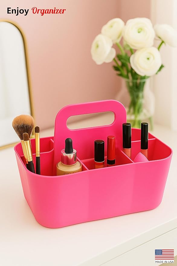 Small Stackable Plastic Caddy with Handle 6 Compartment | Desk, Makeup, Dorm Caddy, Classroom Art Organizers - 4 Pack, Made In USA (Hot Pink)