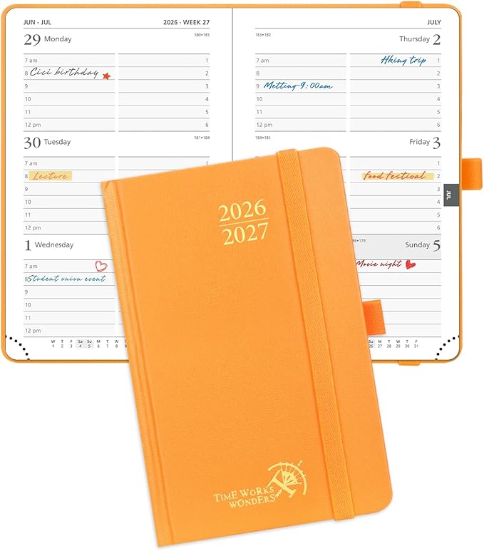 POPRUN 2026-2027 Academic Small Weekly Planner, 4" x 6.25" Purse Size Calendar, July 2026 to June 2027, Hardcover Appointment Book with Horizontal Layout, Hourly Time Slots - Orange
