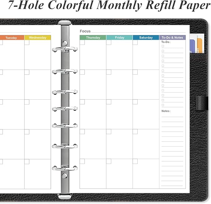 Monthly Planner Refills for Mini Binders - 53 Sheets/106 Pages Undated Colorful Monthly Planner, 7-Hole Punched, 100 gsm White Paper, Lasts 2 Year, Undated, 5.8" x 8.3"