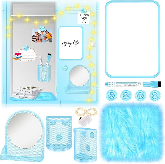 8 Pcs Blue Locker Accessories Kit Blue Magnetic Mirror, Magnetic Pen Holders, Cute Flower Magnets, Locker Organizer Supplies Back to School Stuff Gift Locker Accessories for Girls