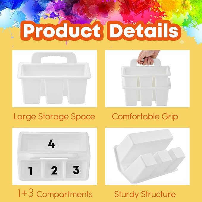 ALINK Classroom Caddy Storage Basket with Handle, 6 Pack Plastic Arts Office Crafts Caddy 4 Compartments for Kids, Pencil, Crayon, Marker, School Supplies - White