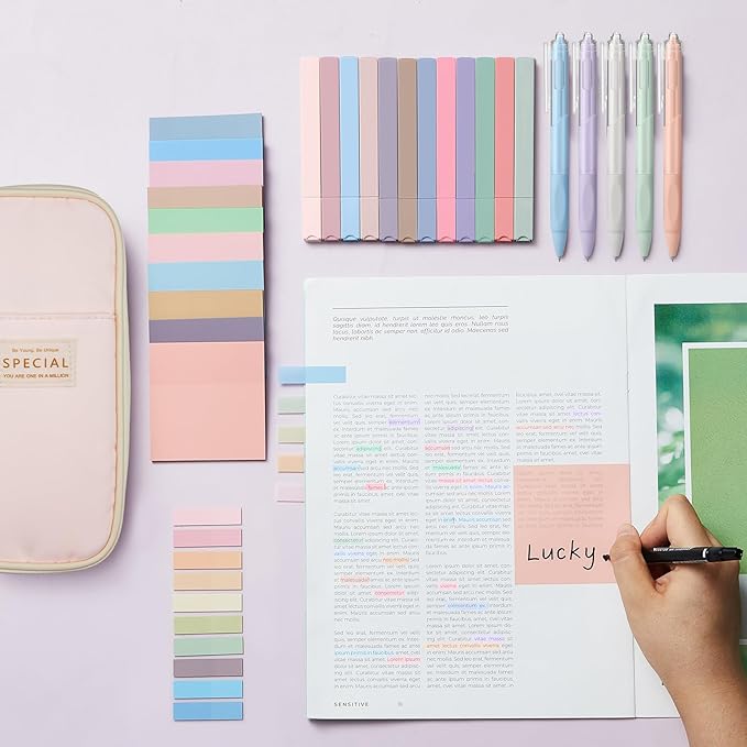 Jutom 39 Pcs Aesthetic Book Annotation Kit Highlighter with Pencil Case Bag Gel Pen Transparent Sticky Note Taking Bible Study College School Supplies(Pink,Cute Style)