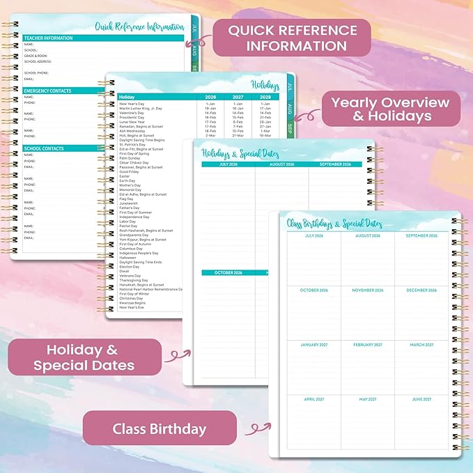 Teacher Planner 2026-2027 - Teacher Lesson Planner, July 2026 - June 2027, 9" x 11", 2026-2027 Academic Planner Weekly and Monthly, Lesson Plan Book for Teachers, Colorful Tabs, Inner Pocket, Clipboard